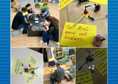 Lehrpersonen arbeiten mit LEGO® Steinen und Notizen an Schulthemen